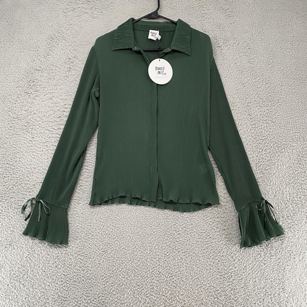 Princess Polly Button Up Shirt Womens 6 Green Ravil Pleated‎ Long Bell Sleeve